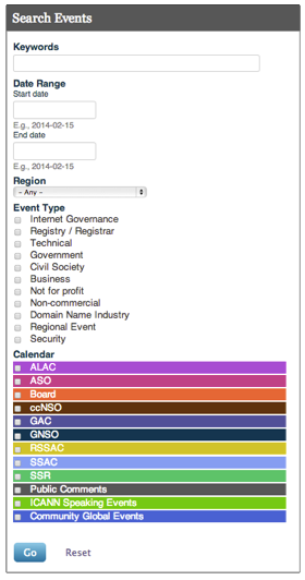 A screenshot of the search feature on the myICANN calendar