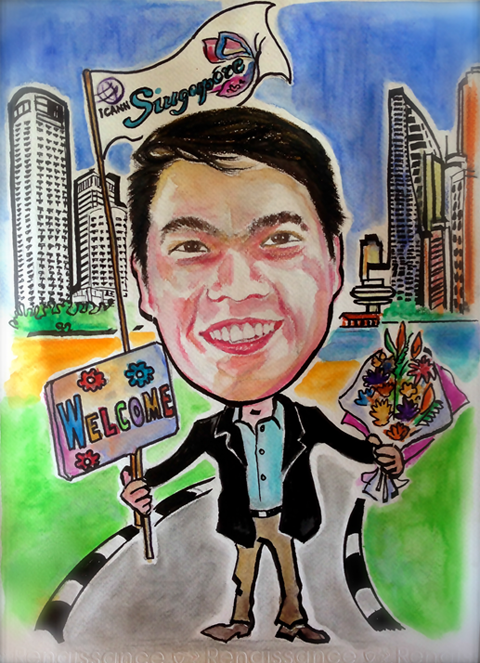 A drawing of Kuek Yu-Chuang holding flowers in left hand, a welcome sign in right hand, an ICANN49 Singapore flag and city landscape in the background.